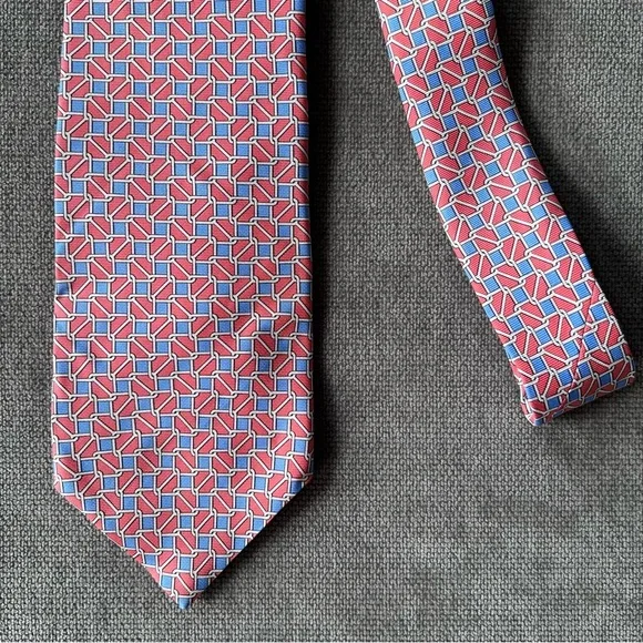 Brooks Brothers Silk Tie Salmon Blue Geometric Chain Link Print L/XL - Picture 2 of 3
